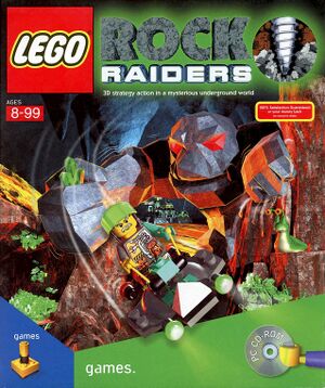 A scan of a PC CD-ROM "big box" front with the LEGO Rock Raiders logo at the top and a piece of CGI artwork; the art shows a LEGO minifigure piloting a small hovering craft through a cavern full of Energy Cyrstals, a large monster made of rock swinging its fist at him, and a large slug watching