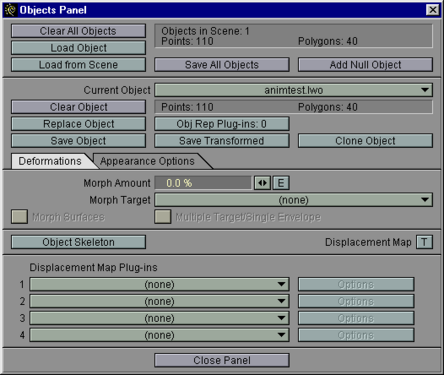 3. The Objects Panel in LightWave 5; for this guide, the "Load Object" and "Save Object" (or "Replace Object") buttons are the only ones you need to remember