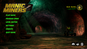 A cave with light beaming into it and several tunnels branching off of it; two minifigures on a small LEGO truck are driving out of one tunnel on the right side. The "Manic Miners" logo is in the top left corner of the screen, with a series of options below it. The player's icon is in the top right corner.