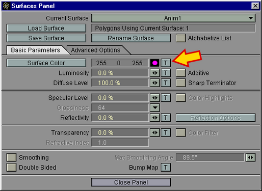7. The Surface Panel; an arrow is pointing to the texture button mentioned below