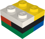 Six 1×2 LEGO plate bricks stacked to form the shape of a 2×2 brick. Each plate is a different color.