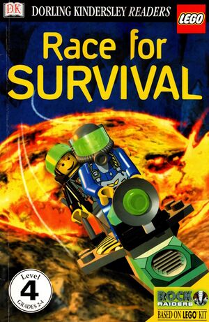 A book cover with art of the LEGO Rock Raiders minifigures Jet and Axle flying on the Hoverboard from the Tunnel Transport set (number 4980); behind them is a pool of lava. The book's title is written as "Race for SURVIVAL"; the Dorling Kindersley Readers label is above it.