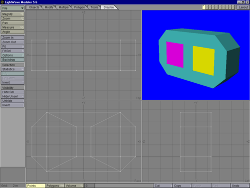 1. A simple model created in LightWave 5.6; the two colored squares are where we will add our sequenced textures (Actually I made this in LightWave 8 and exported it to here; 5.6 is harder to control)