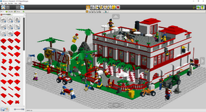A screenshot of a program running in Windows 10 displaying a LEGO model. The model features a large white and red building intended to represent a pizzeria, and a number of minifigures and vehicles are dynamically posed around the model.