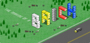 A screenshot of a Flash game using isometric graphics and cartoon-like sprites. The scene shows a field full of trees and grazing animals, and a road to the southeast that a truck is passing by on. The field contains the title "The Making of a Brick"; the word "Brick" is built out of giant LEGO bricks.